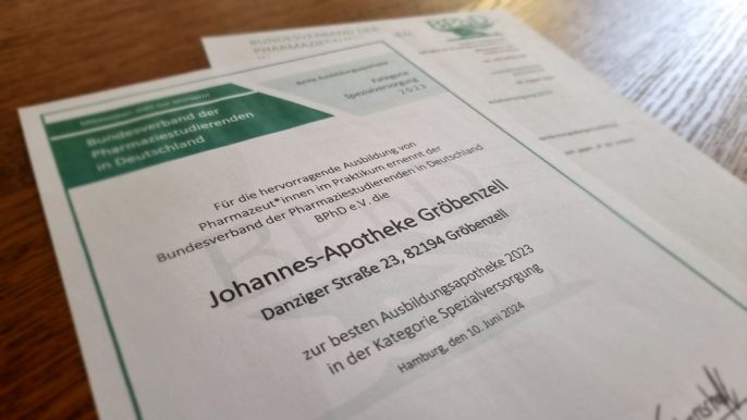 Beste Ausbildungs&shy;apotheke 2023 in der Kategorie Spezialversorgung - Johannes-Apotheke Gröbenzell